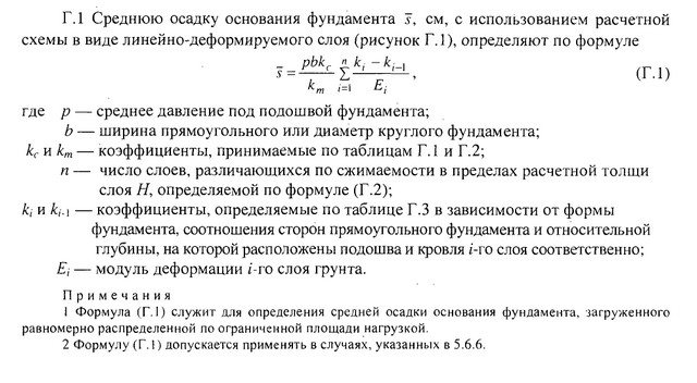 Формула определения средней величины осадки по схеме линейно-деформируемого слоя (приложение Г СП 22.13330.2011).